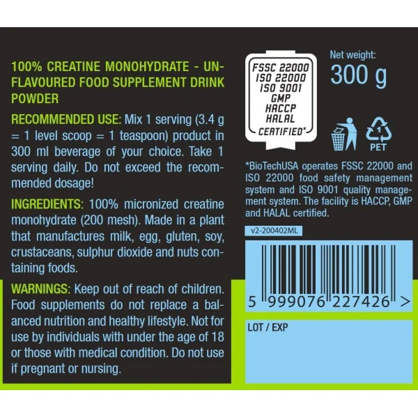 BioTech USA 100% Creatine Monohydrate (300g)
