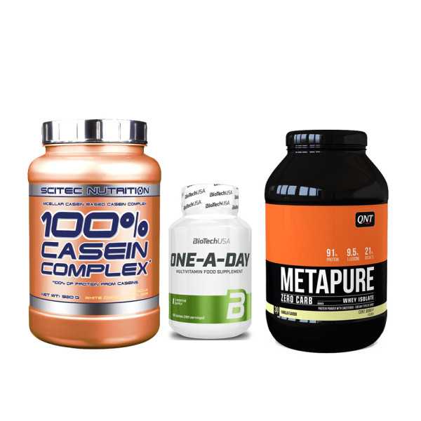 QNT Metapure Zero Carb (908g) + Biotech USA One-A-Day (100 tabs) + SN 100% Casein Complex (920g)